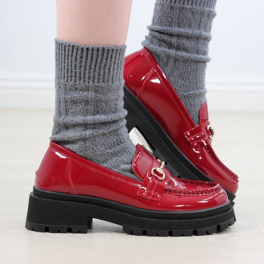Red Patent Horsebit Loafers Chunky Platform Lug Sole Slip-Ons Grunge 90s Vibes - Picture 2 of 16